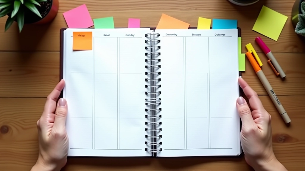 Otevřený planner s denní strukturou a barevnými značkami