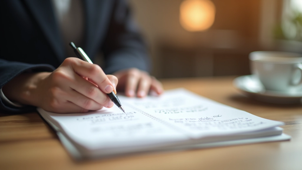 Ruka se perem nad notebookem s napsanými poznámkami, pracovní stůl s šálkem kávy
